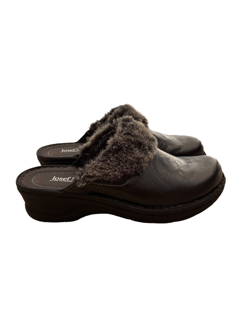 Josef Seibel Black Leather Mule with Gray Faux Fur Collar